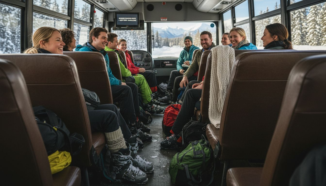 Travelers inside ski shuttle bus talking