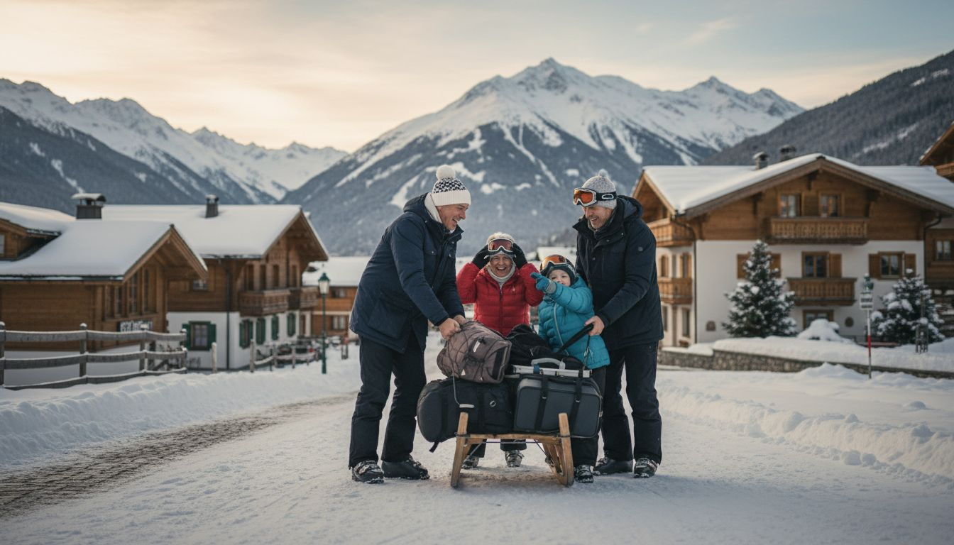 Driver loading ski bags near Geneva van