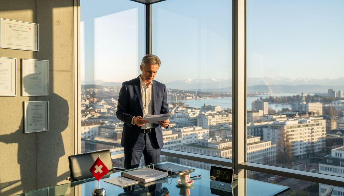 Manager reviews company paperwork in Swiss office