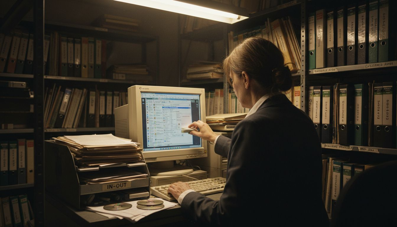 Woman digitizing Swiss corporate records in archive