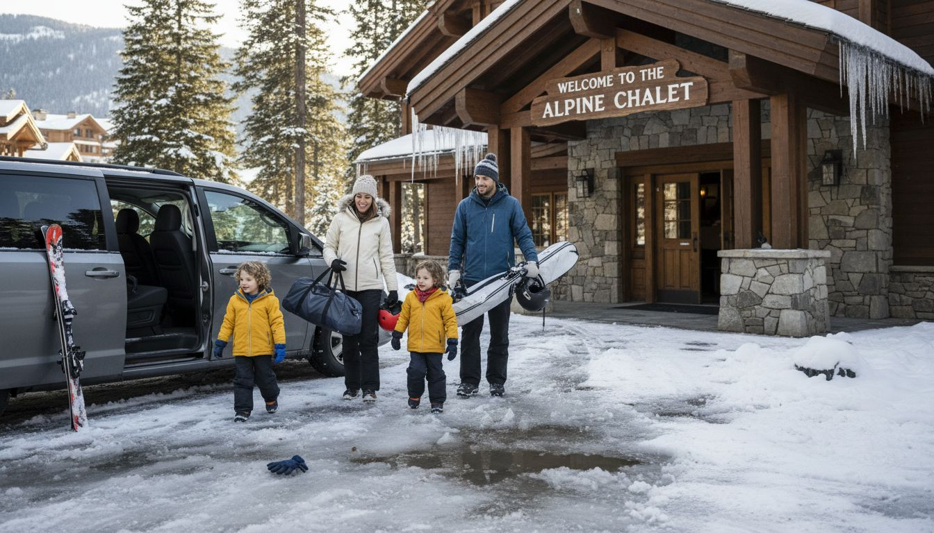 Family arriving at ski lodge in snow