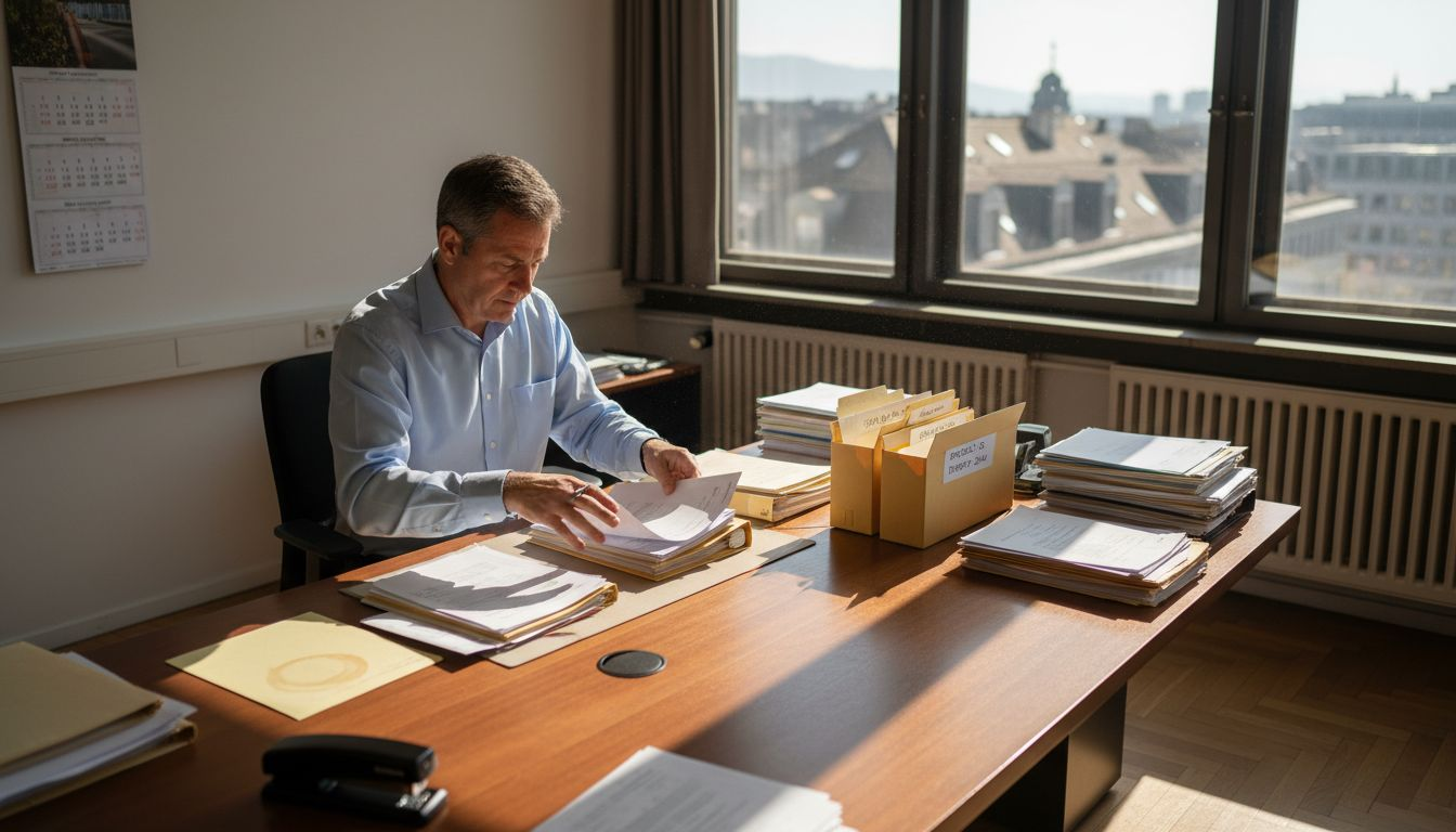 Man organizing documents at Swiss office table