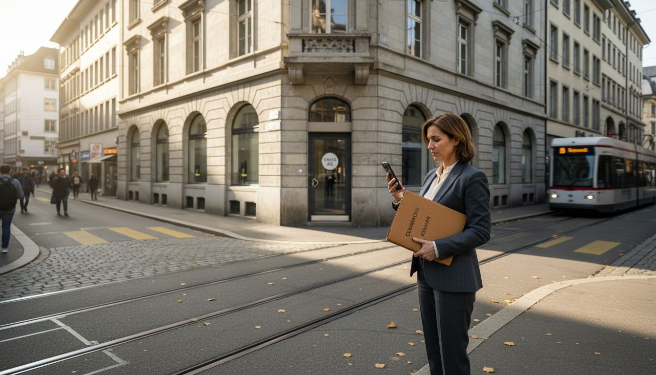Swiss businesswoman outside registered office entrance