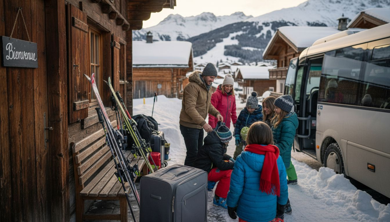 Driver assisting ski group outside chalet