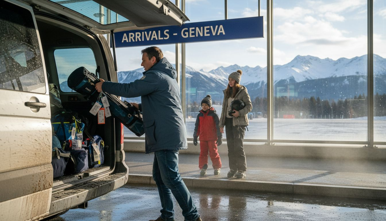 Family loading ski bags at Geneva airport