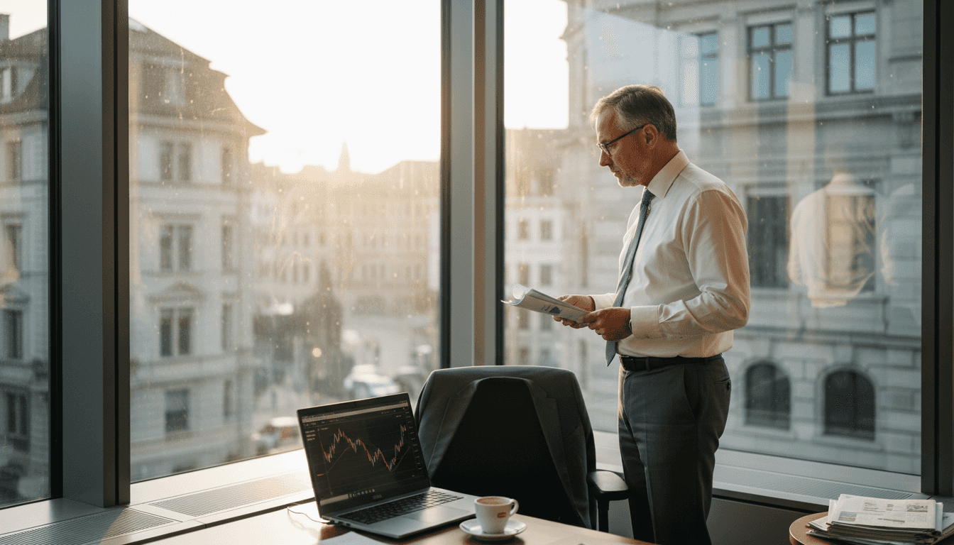 Banker in Swiss office overlooking Zurich skyline
