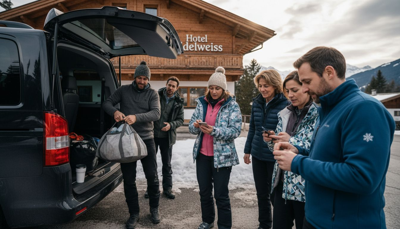 Group unloading luggage from luxury ski minibus