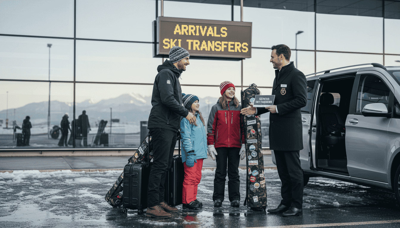 Family greeted by chauffeur at Geneva airport