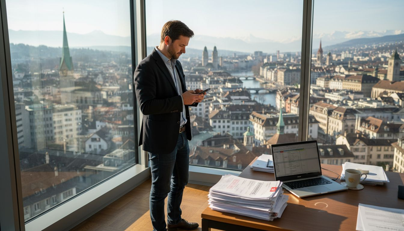Entrepreneur overlooking Zurich from office window