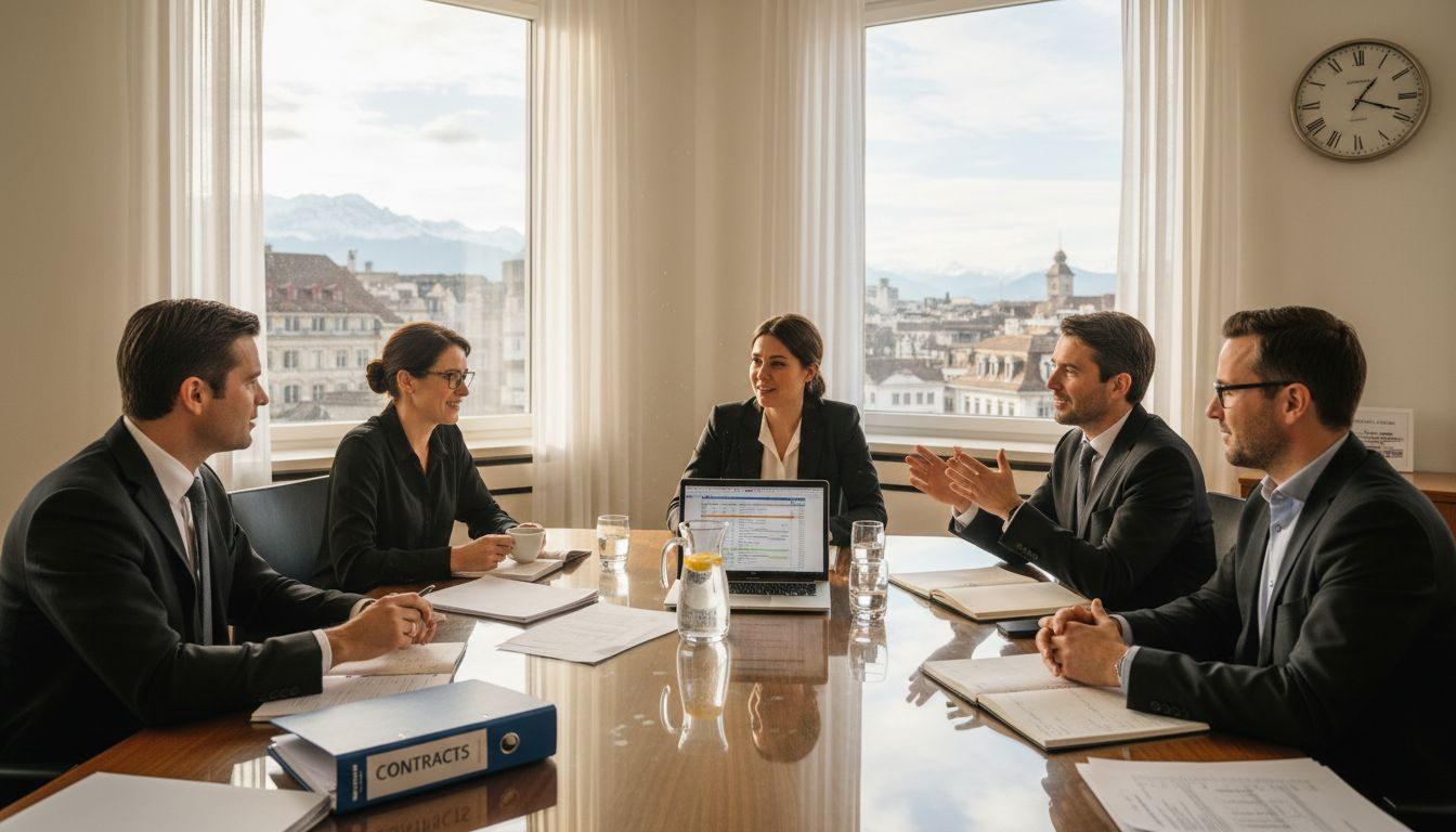 Swiss boardroom meeting with legal documents