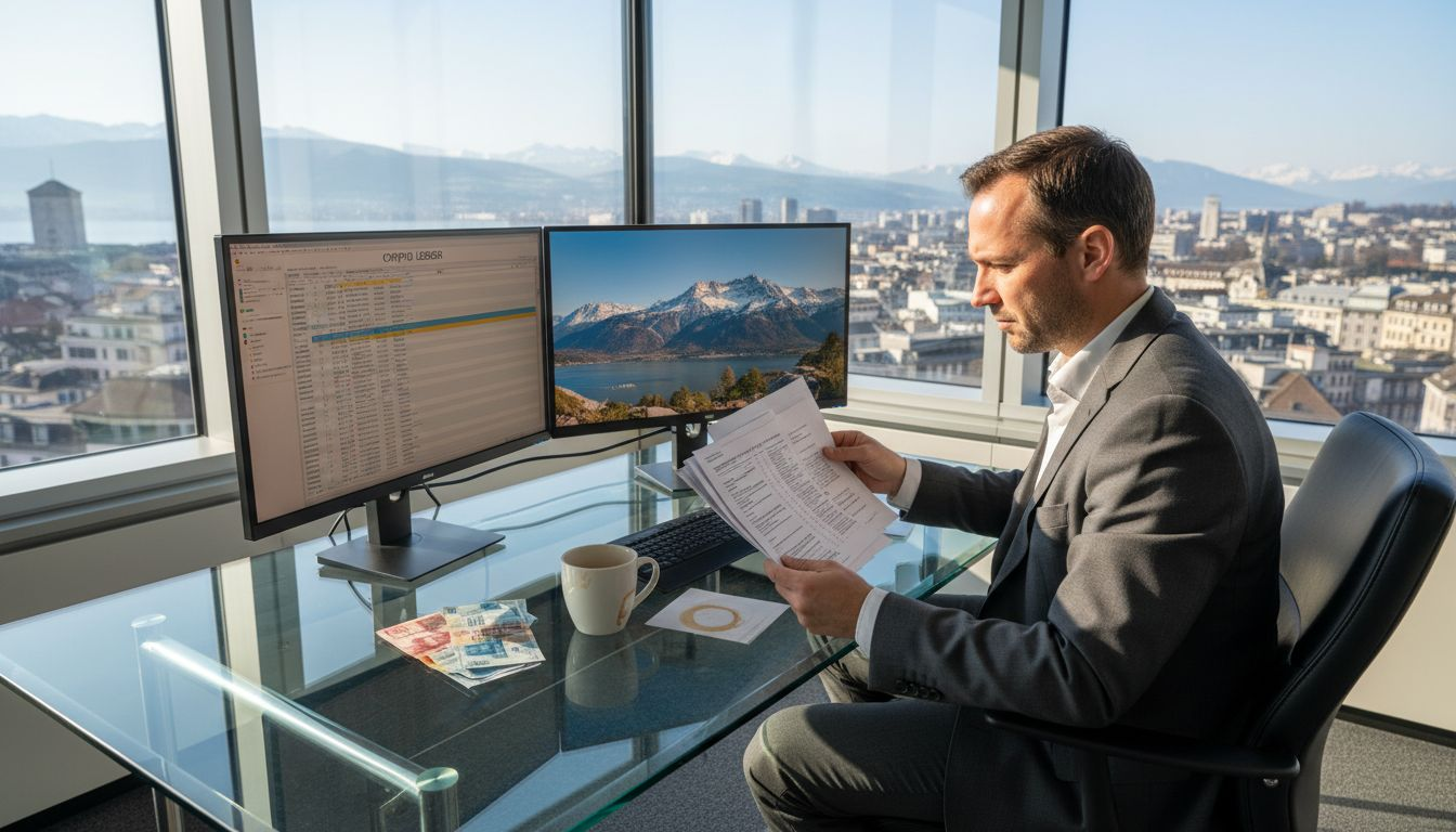 Accountant reviewing crypto ledger in Swiss office