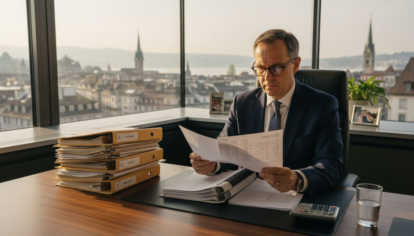 Swiss tax advisor reviewing reports in office