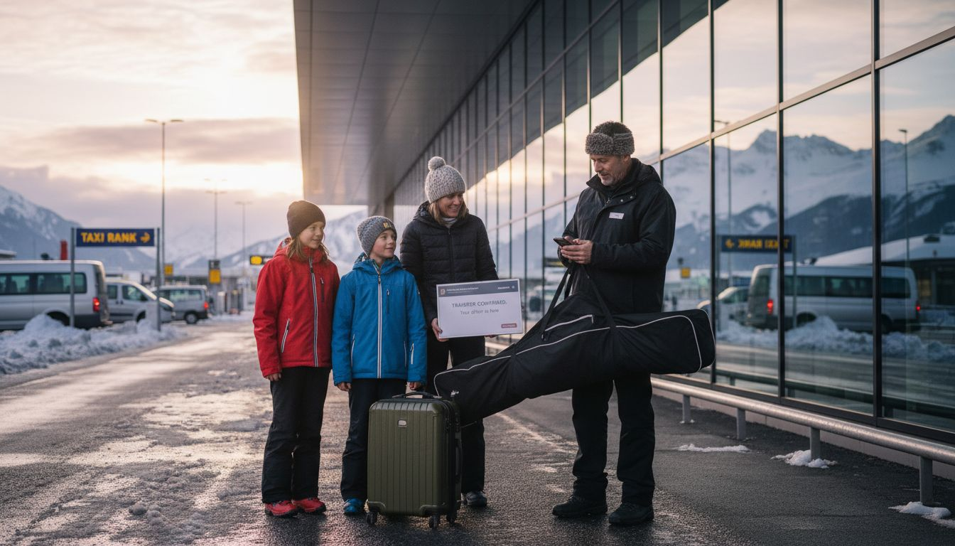 Family arriving for ski transfer at Geneva airport