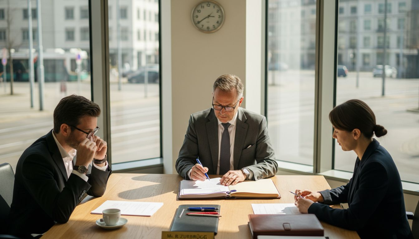 Swiss notary reviews documents with clients