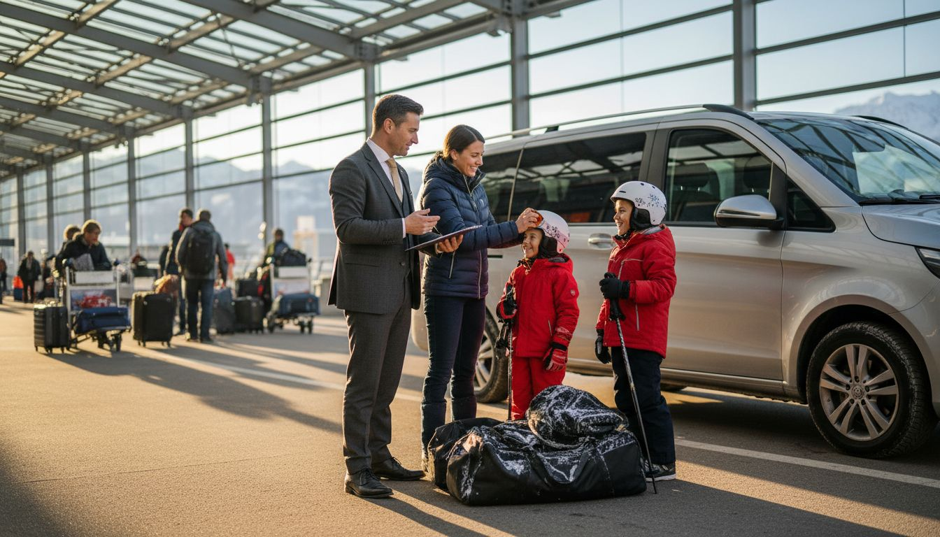 Family greeted by chauffeur for ski transfer
