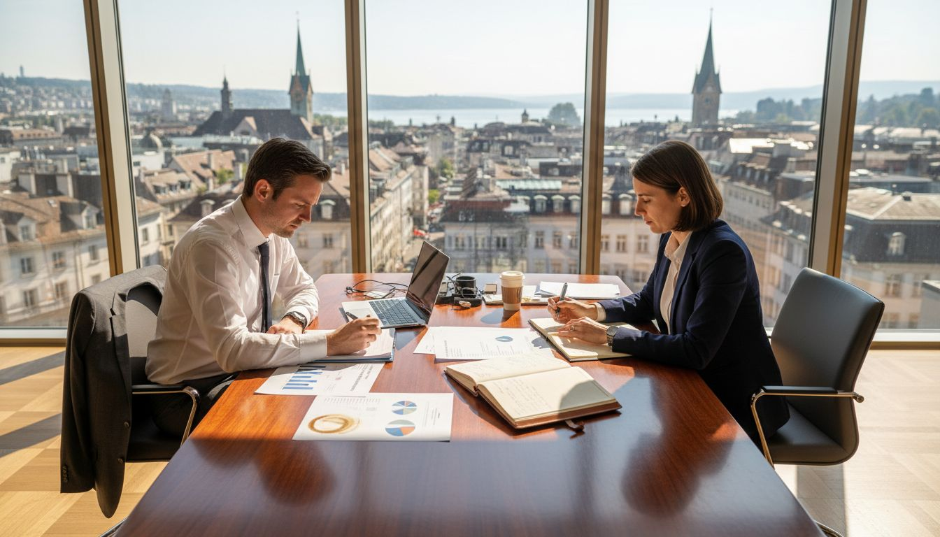 Business partners discuss Swiss company capital