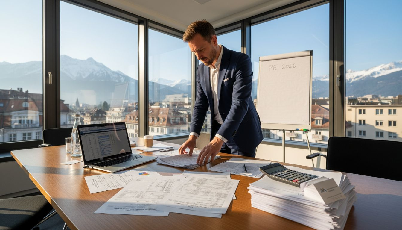 Consultant reviewing tax documents in Swiss office