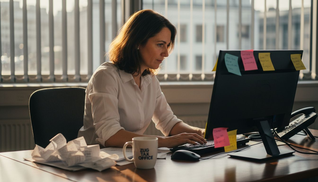 CFO managing compliance paperwork in Zurich office