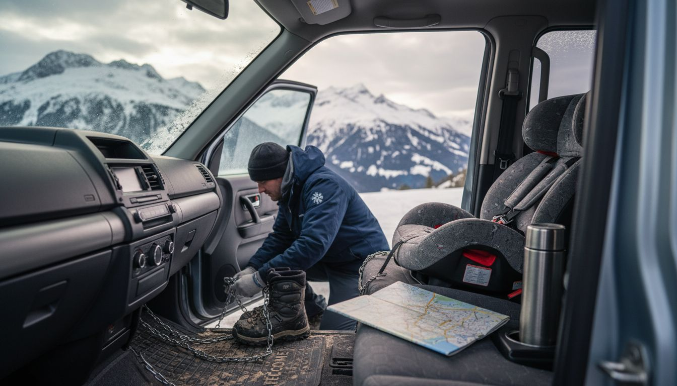 Winter-equipped ski transfer van interior details