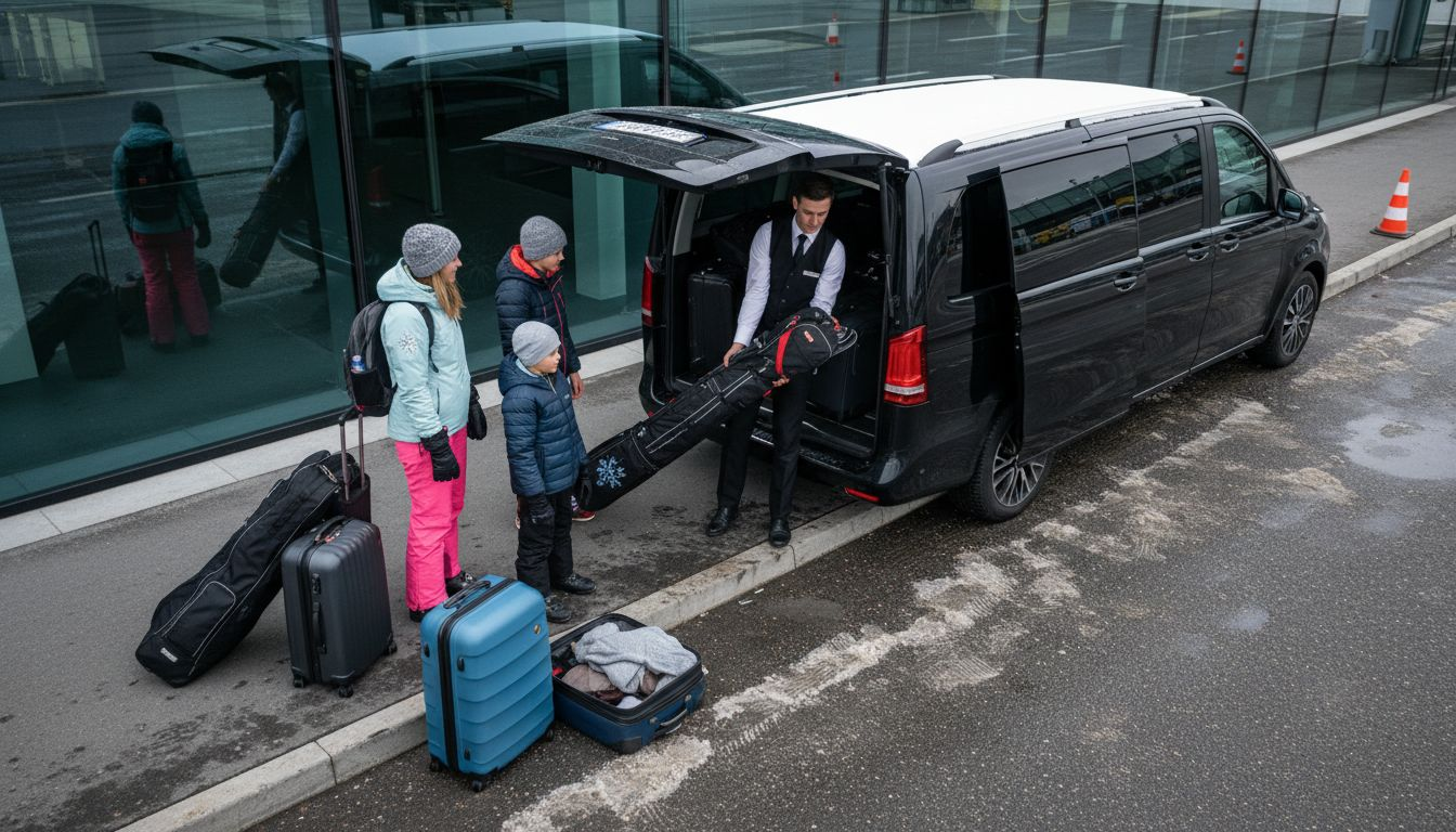 Family loading into ski transfer at Geneva Airport