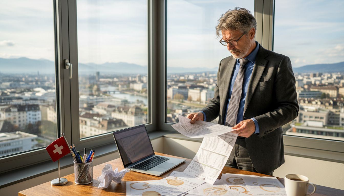 Swiss consultant reviewing tax spreadsheets in office