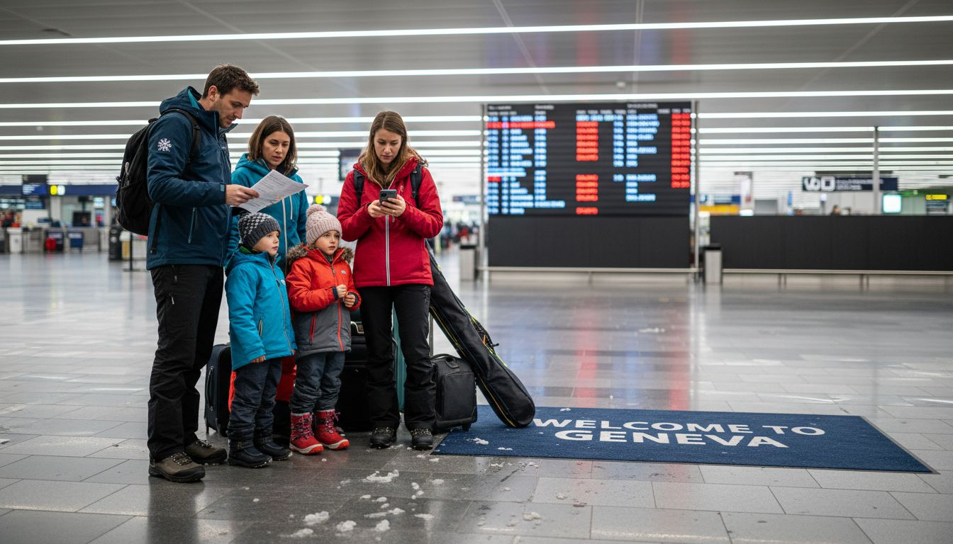 Family with ski gear at Geneva Airport arrivals