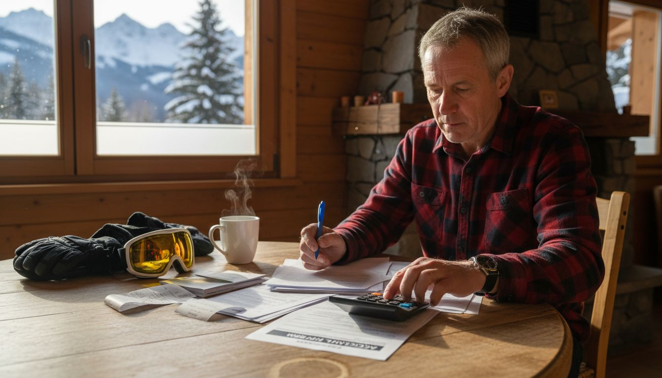 Person reviewing insurance paperwork in ski chalet