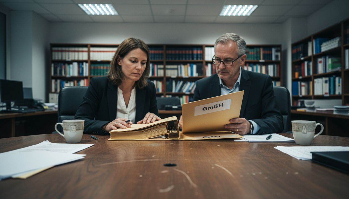 Business partners compare GmbH and AG papers