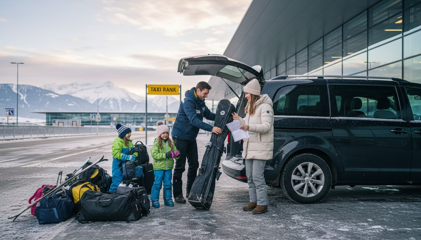 Family loading skis at Geneva airport curb