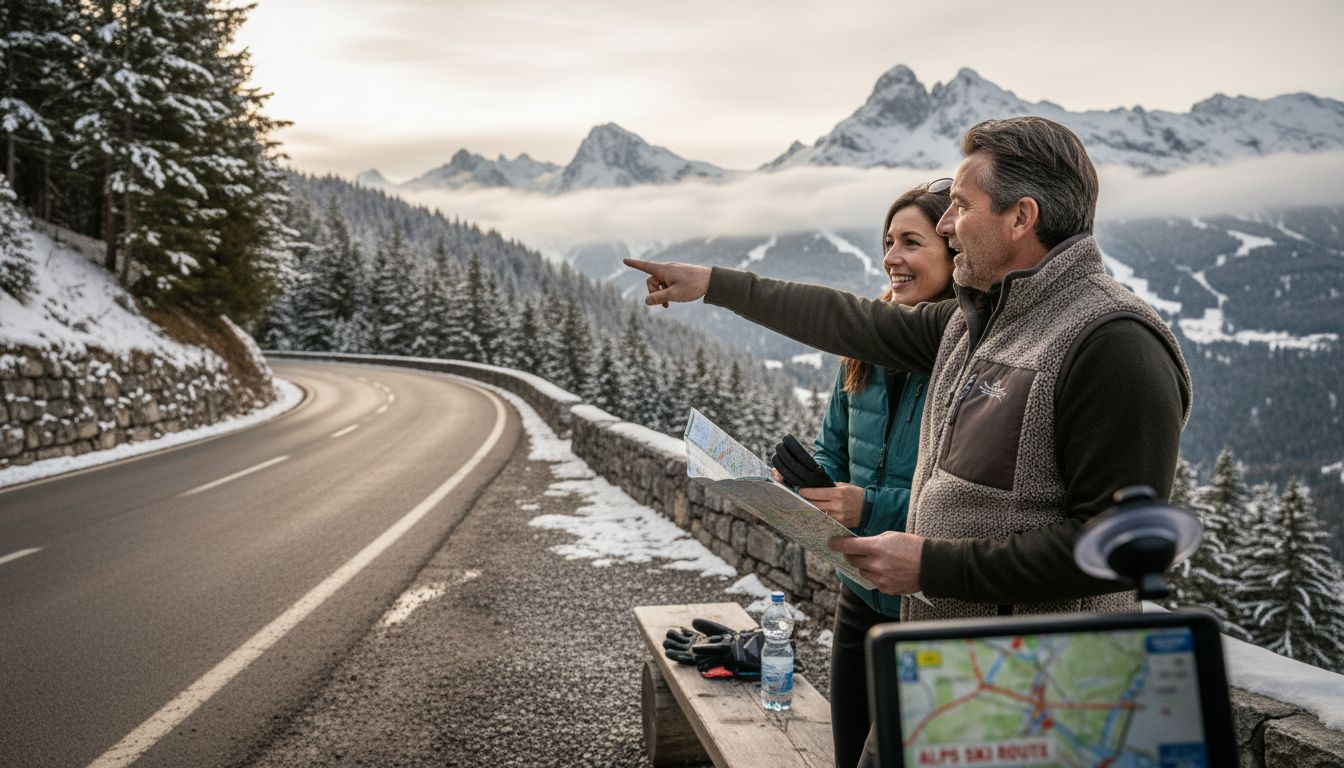 Ski transfer van driving in snowy Alps