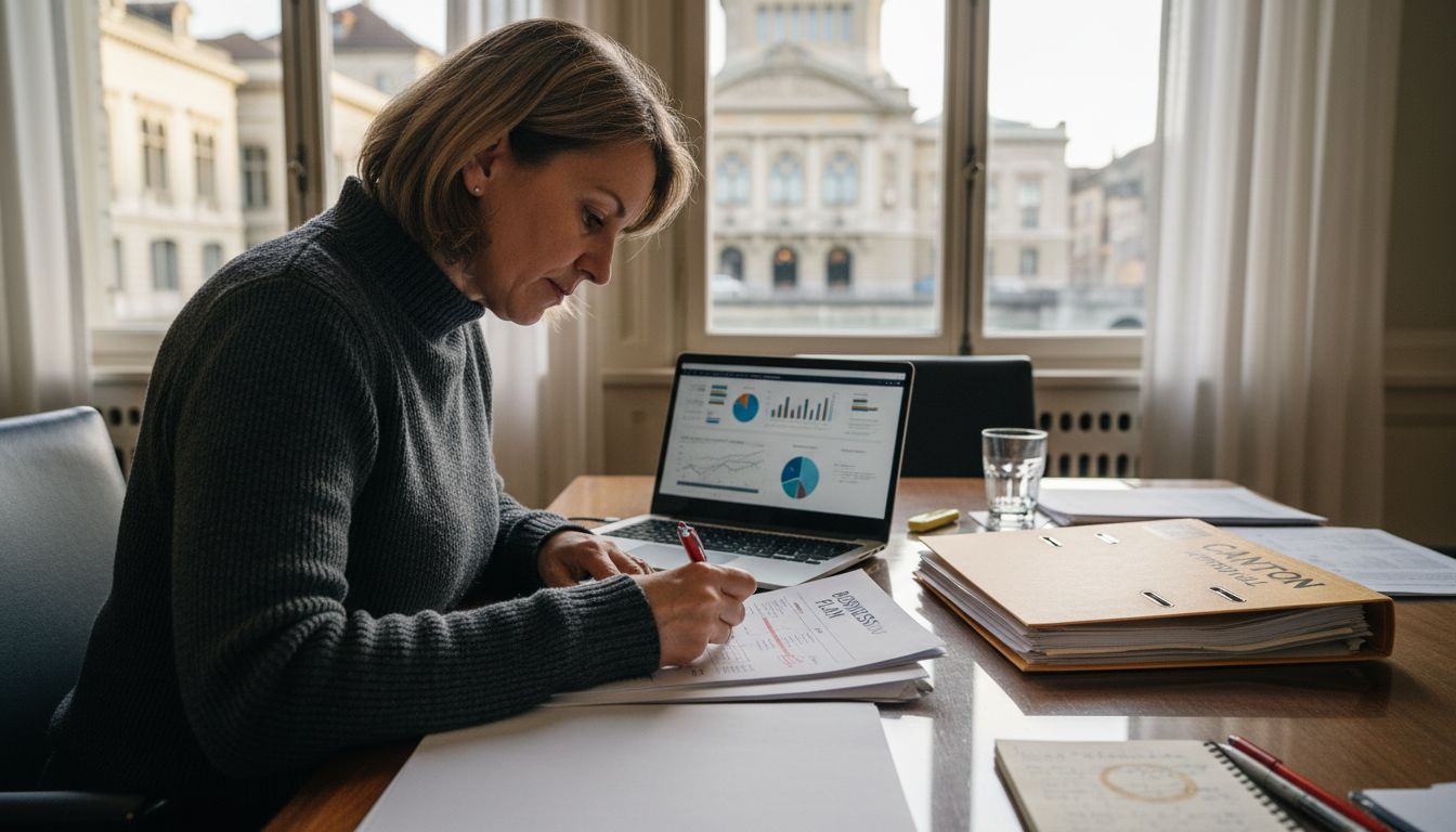 Businesswoman marking up Swiss business plan draft