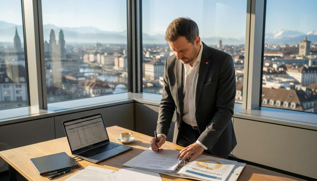 Entrepreneur reviewing Swiss visa documents in office