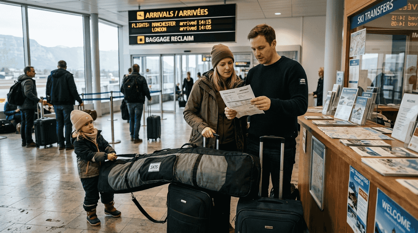 Travelers booking ski transfer at Geneva Airport