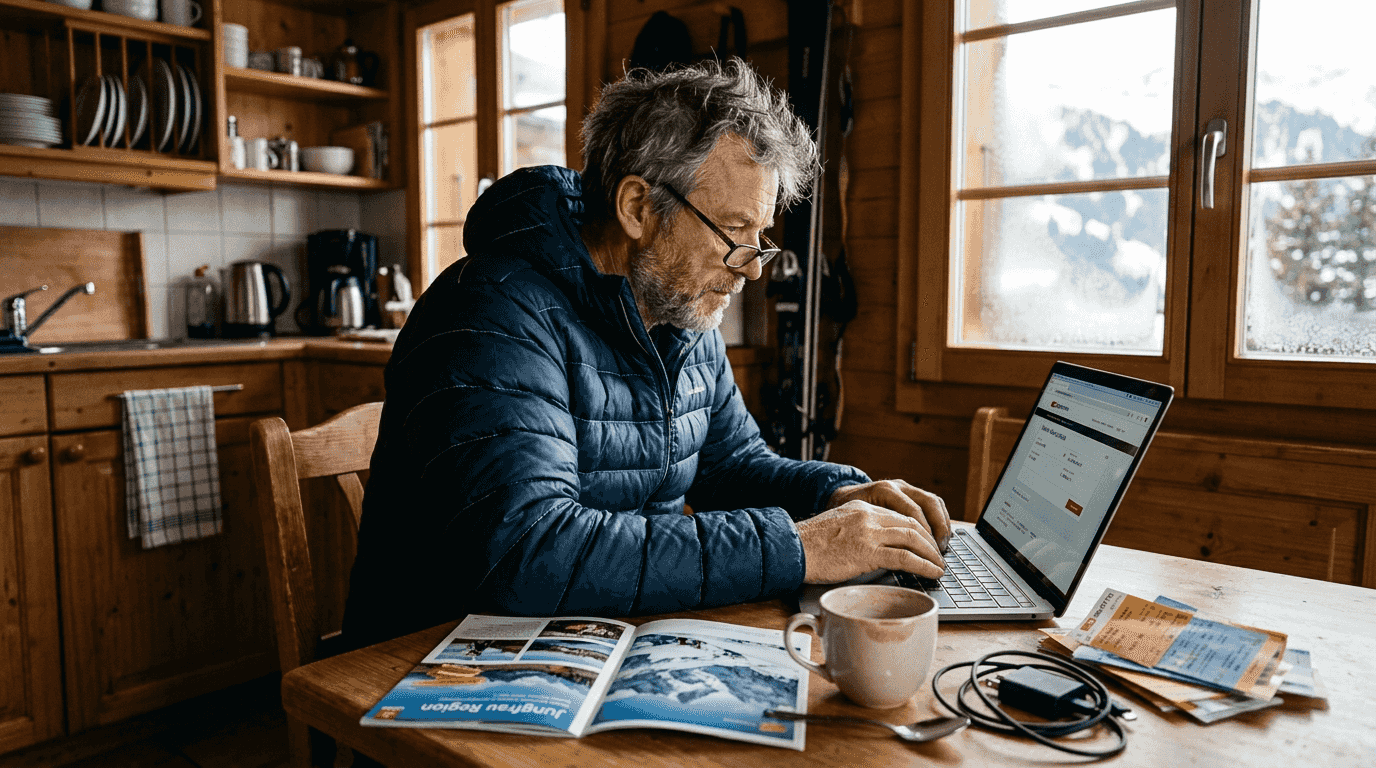 Person checking ski transfer pricing at chalet