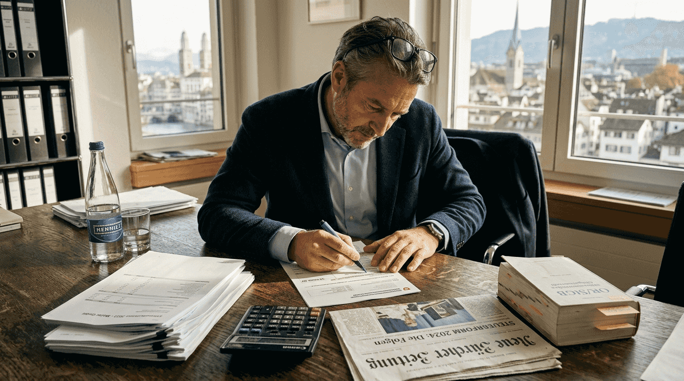 Entrepreneur reviewing Swiss tax documents at table