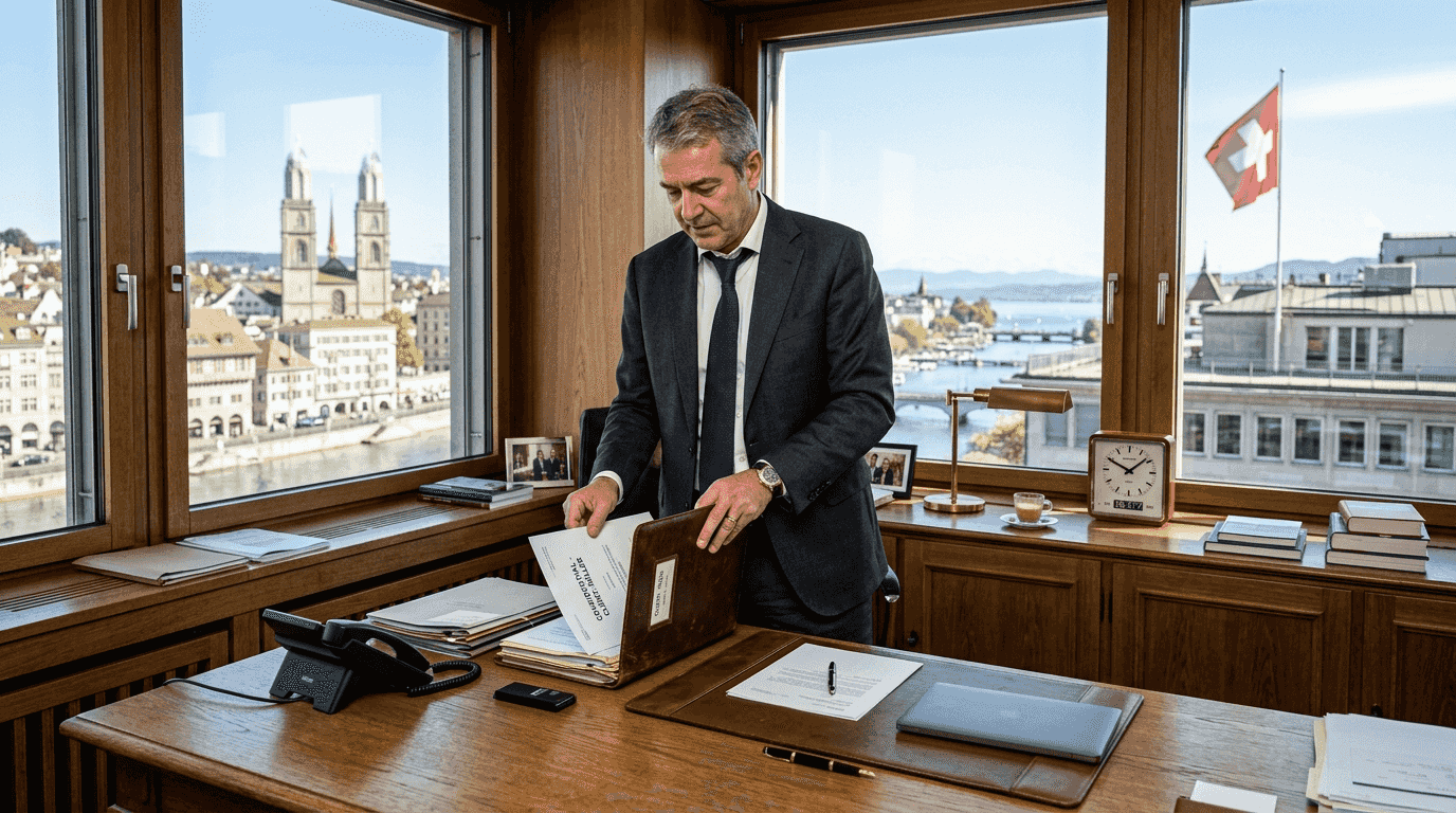 Swiss banker working in Zurich corner office