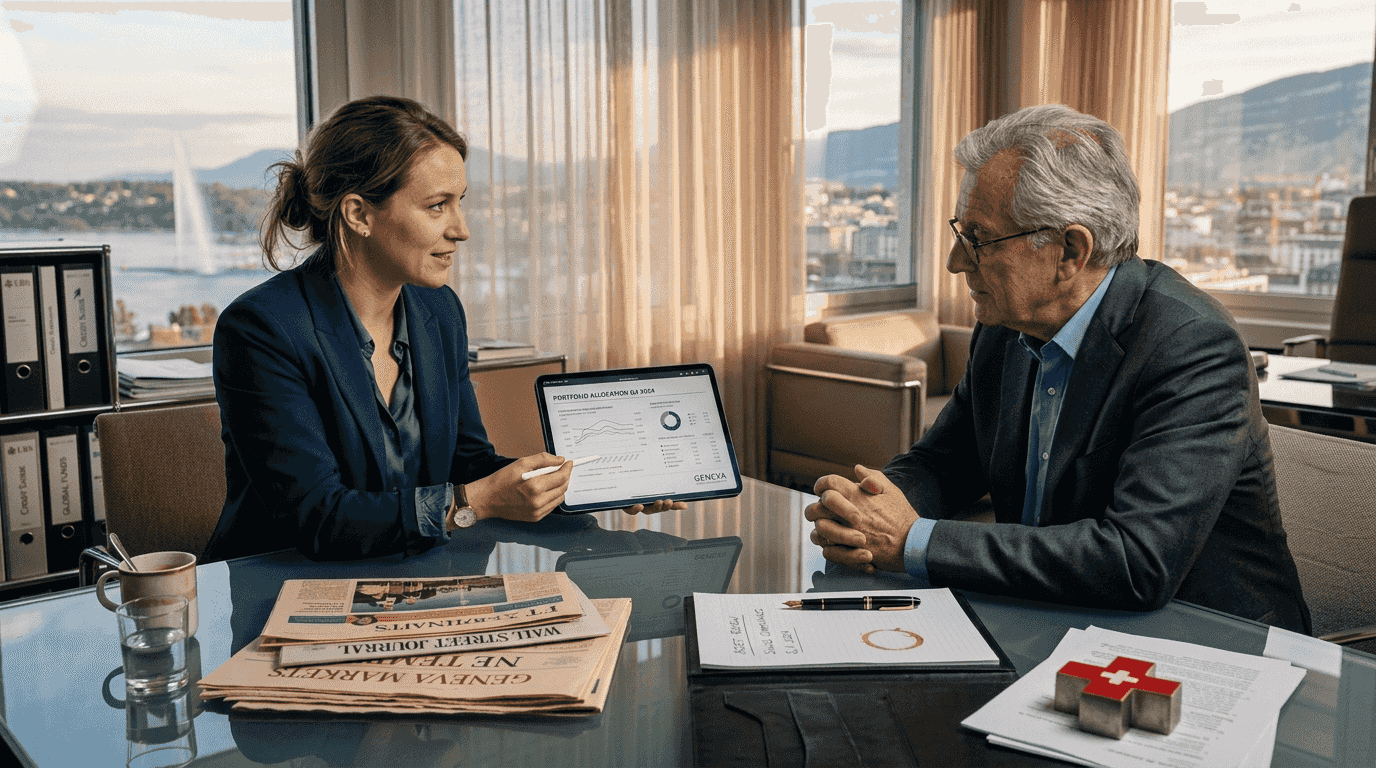 Geneva wealth manager meets client at table