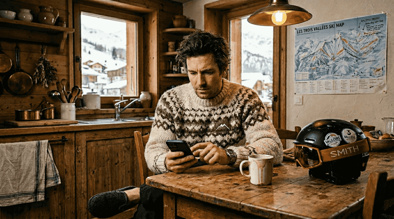 Man booking ski airport transfer at chalet table