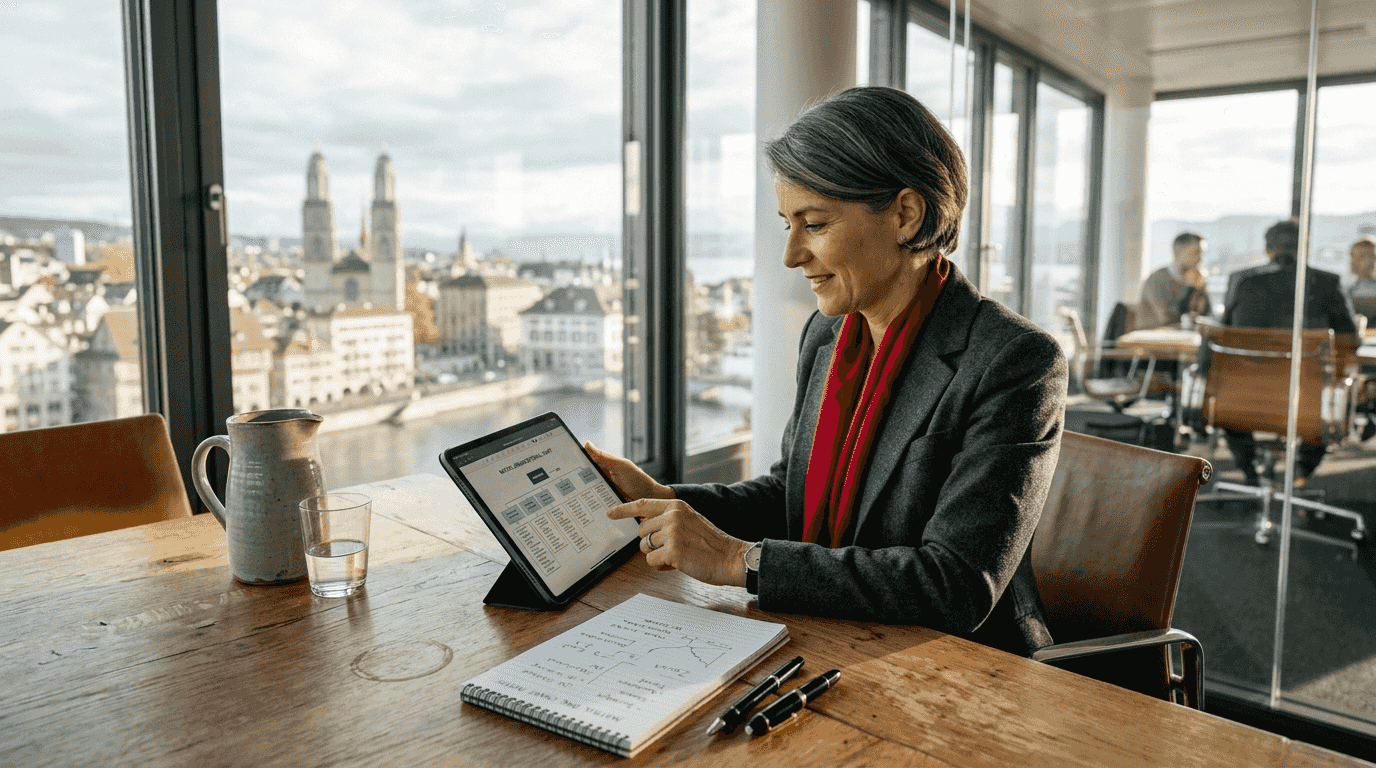 Swiss executive reviewing matrix chart in office