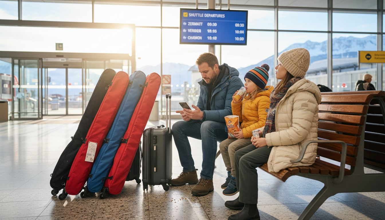 Family awaiting ski transfer at Geneva airport