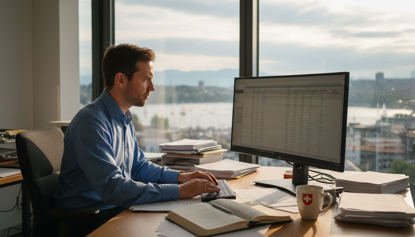 Accountant reviewing spreadsheet in Swiss office