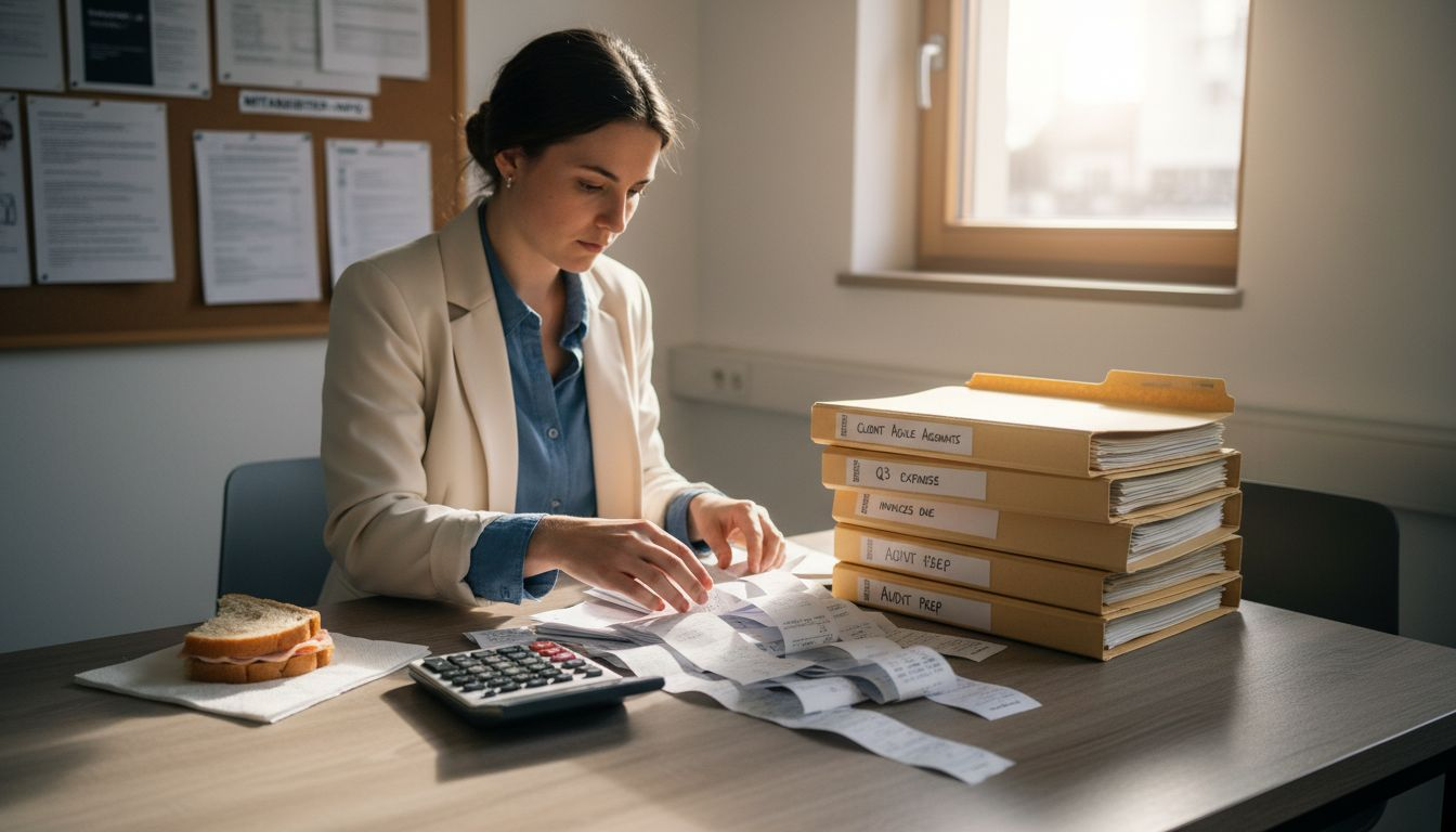 Swiss bookkeeper organizing business paperwork