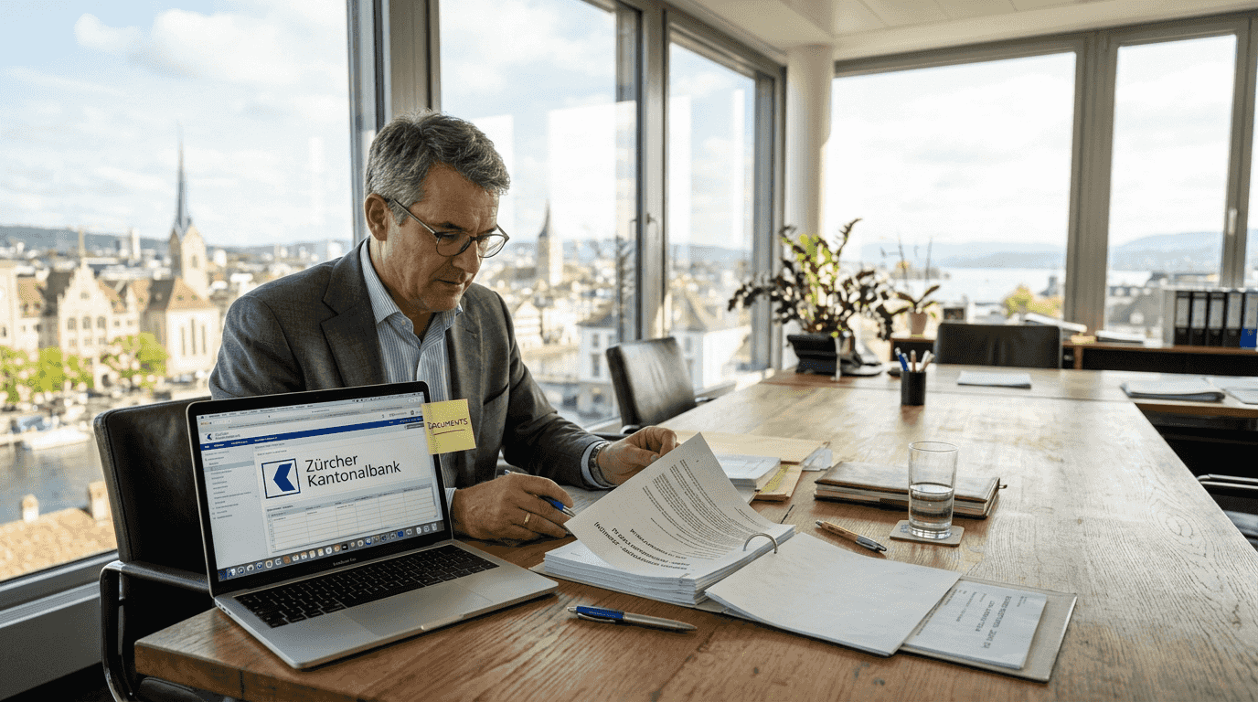 Swiss banker reviewing business account papers