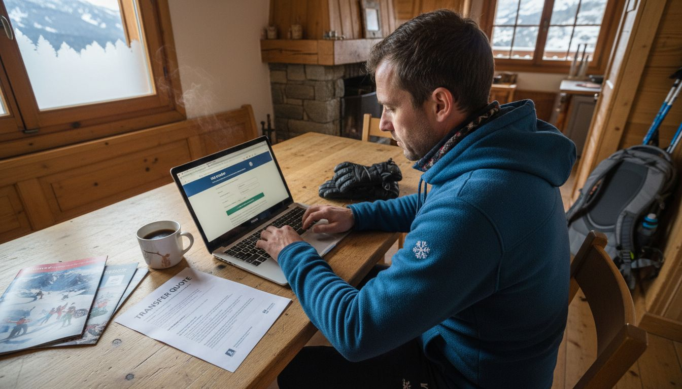Man booking ski transfer at chalet table