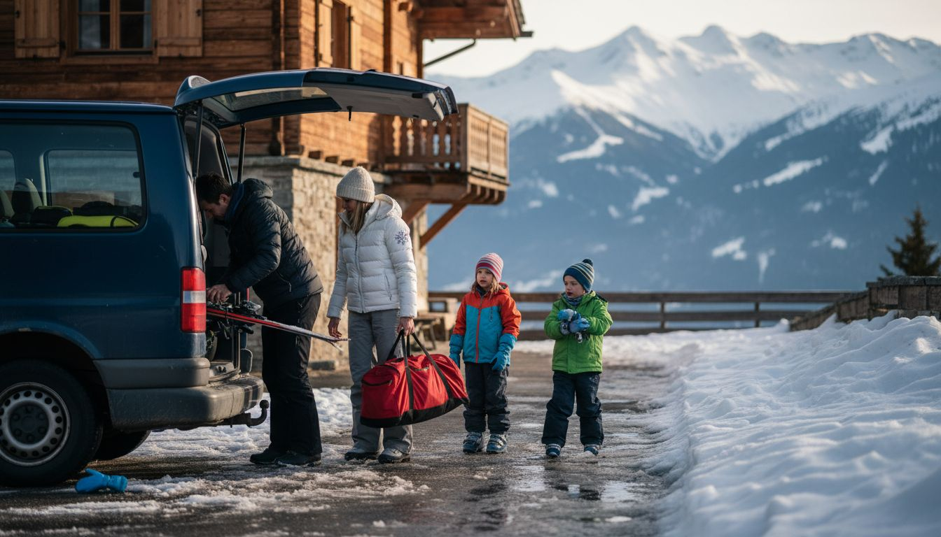 Family unloading luggage from ski transfer van