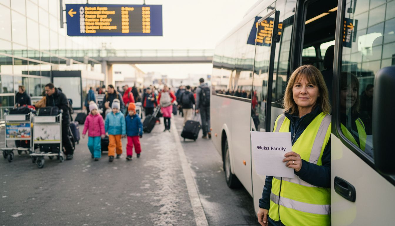 Ski transfer driver meeting family at airport curb
