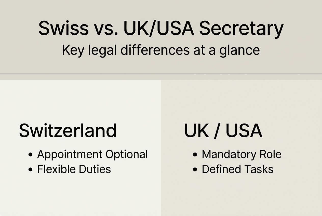 Infographic comparing Swiss, UK, US secretary roles