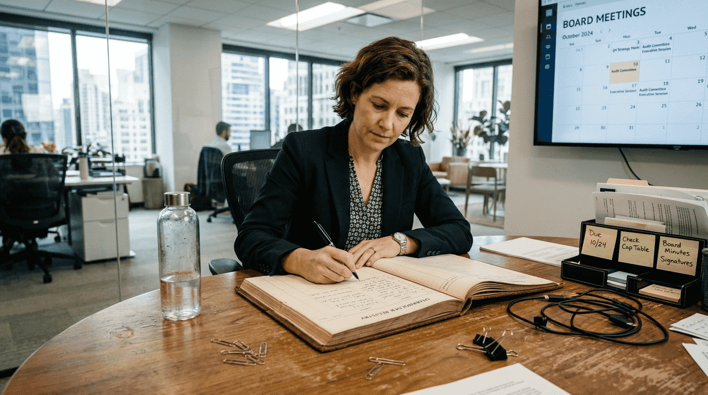 Secretary updating company records at office desk