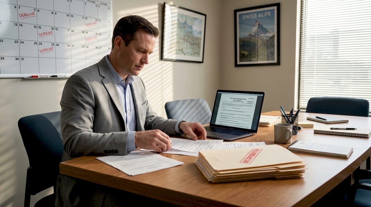 Consultant checking Swiss company documents