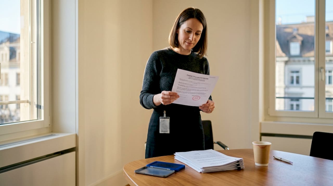 Legal assistant holding Swiss capital certificate